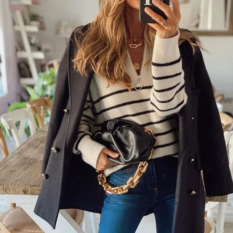 Shelby | Women's Jumper Striped Ribbed Zip Neckline Soft Knit Fitted Cosy Warm Layering Chic Feminine Casual Everyday Autumn Winter