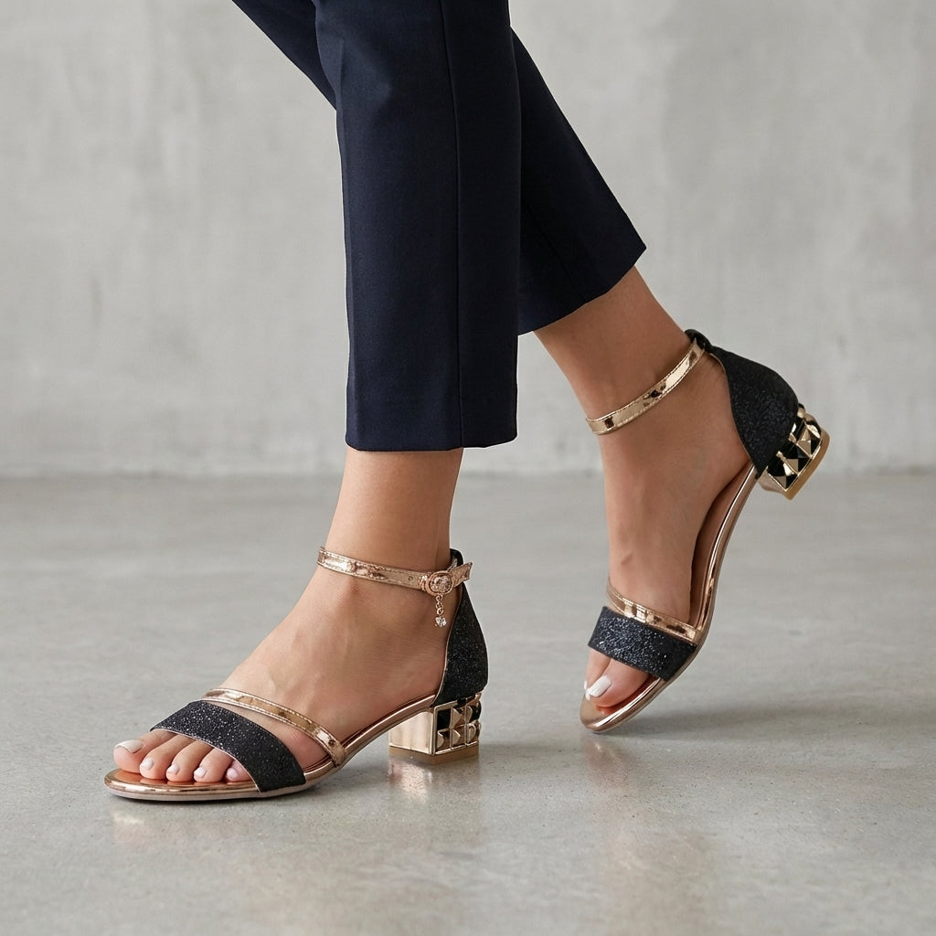 Women's Metallic Block Heel Ankle Strap Heeled Sandals