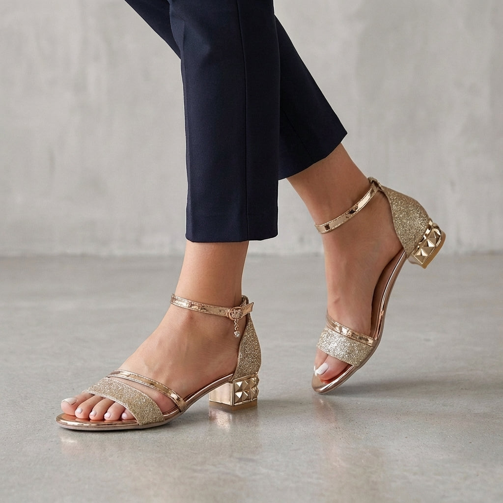 Women's Metallic Block Heel Ankle Strap Heeled Sandals