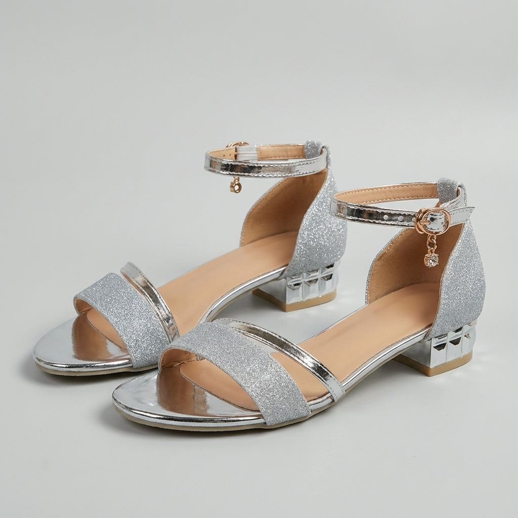 Women's Metallic Block Heel Ankle Strap Heeled Sandals