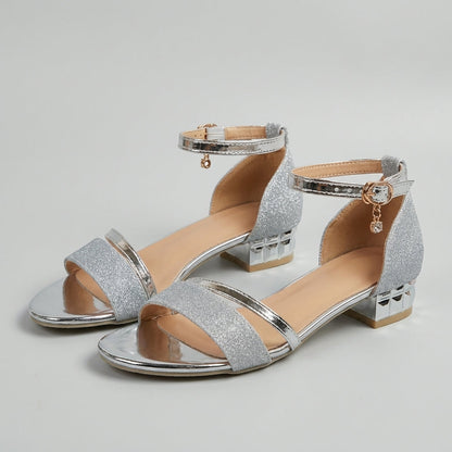 Women's Metallic Block Heel Ankle Strap Heeled Sandals