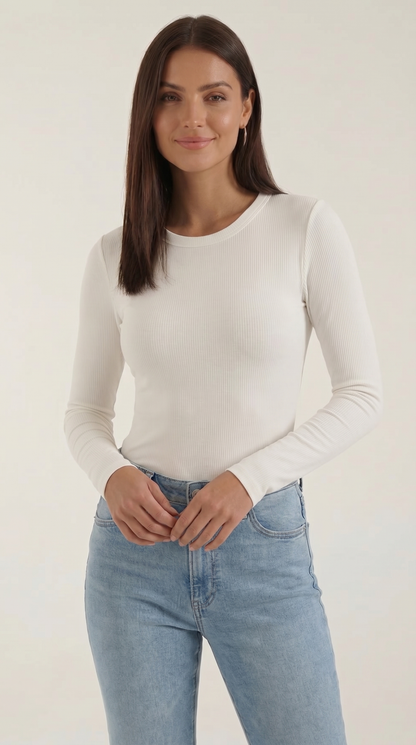 Women's Long Sleeve Ribbed T-Shirt with Round Neckline and Fitted Silhouette