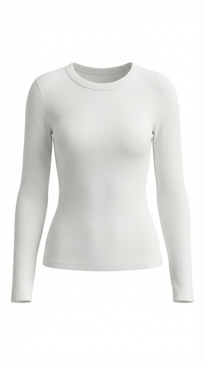 Women's Long Sleeve Ribbed T-Shirt with Round Neckline and Fitted Silhouette