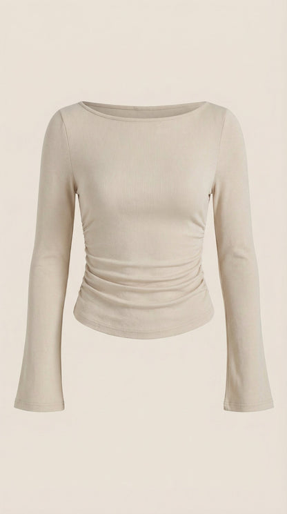 Women's Long Sleeve Top with Flared Balloon Sleeves and Boat Neckline