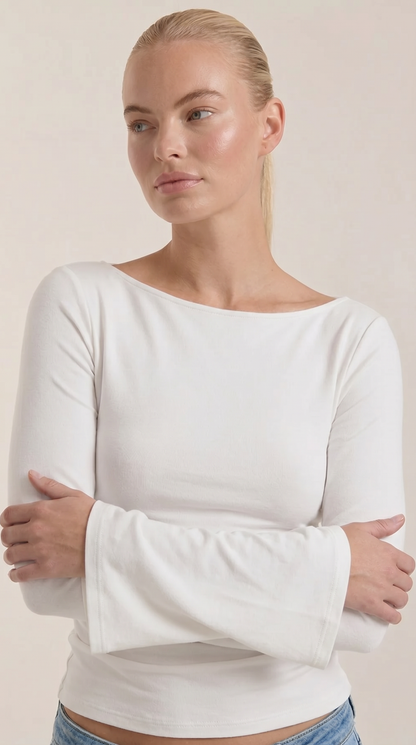 Women's Long Sleeve Top with Flared Balloon Sleeves and Boat Neckline