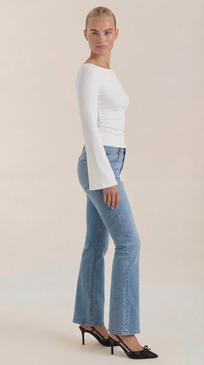 Women's Long Sleeve Top with Flared Balloon Sleeves and Boat Neckline