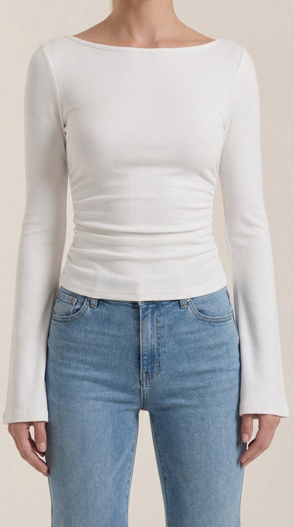 Women's Long Sleeve Top with Flared Balloon Sleeves and Boat Neckline