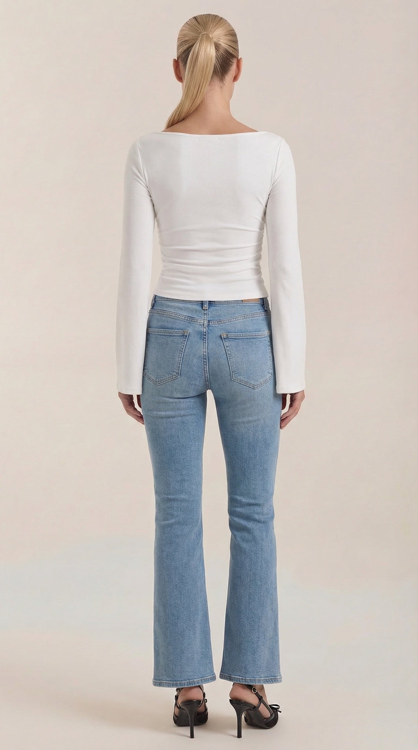 Women's Long Sleeve Top with Flared Balloon Sleeves and Boat Neckline
