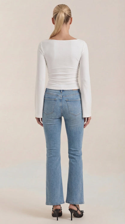 Women's Long Sleeve Top with Flared Balloon Sleeves and Boat Neckline