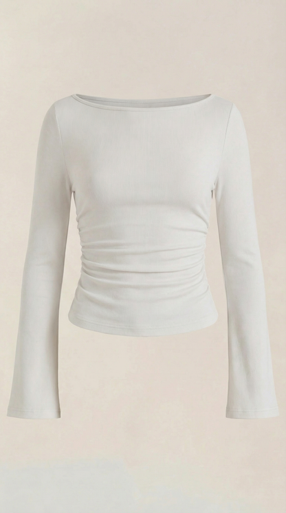Women's Long Sleeve Top with Flared Balloon Sleeves and Boat Neckline