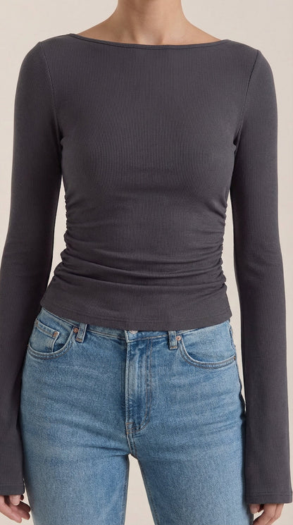 Women's Long Sleeve Top with Flared Balloon Sleeves and Boat Neckline