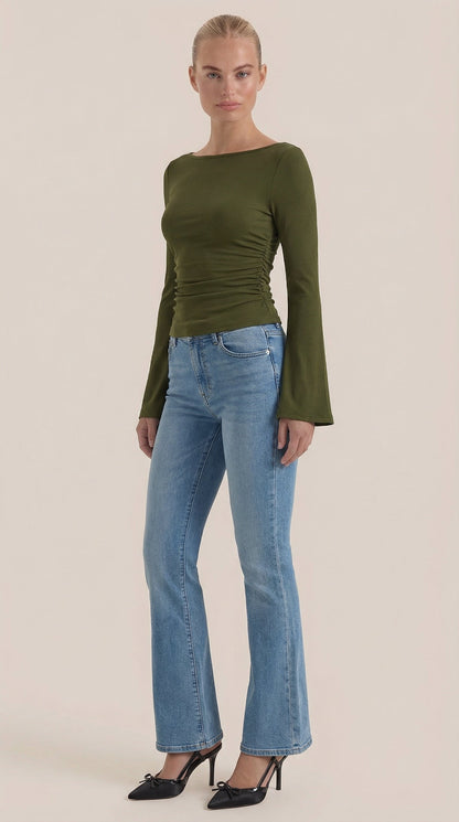 Women's Long Sleeve Top with Flared Balloon Sleeves and Boat Neckline