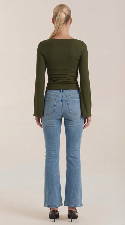 Women's Long Sleeve Top with Flared Balloon Sleeves and Boat Neckline