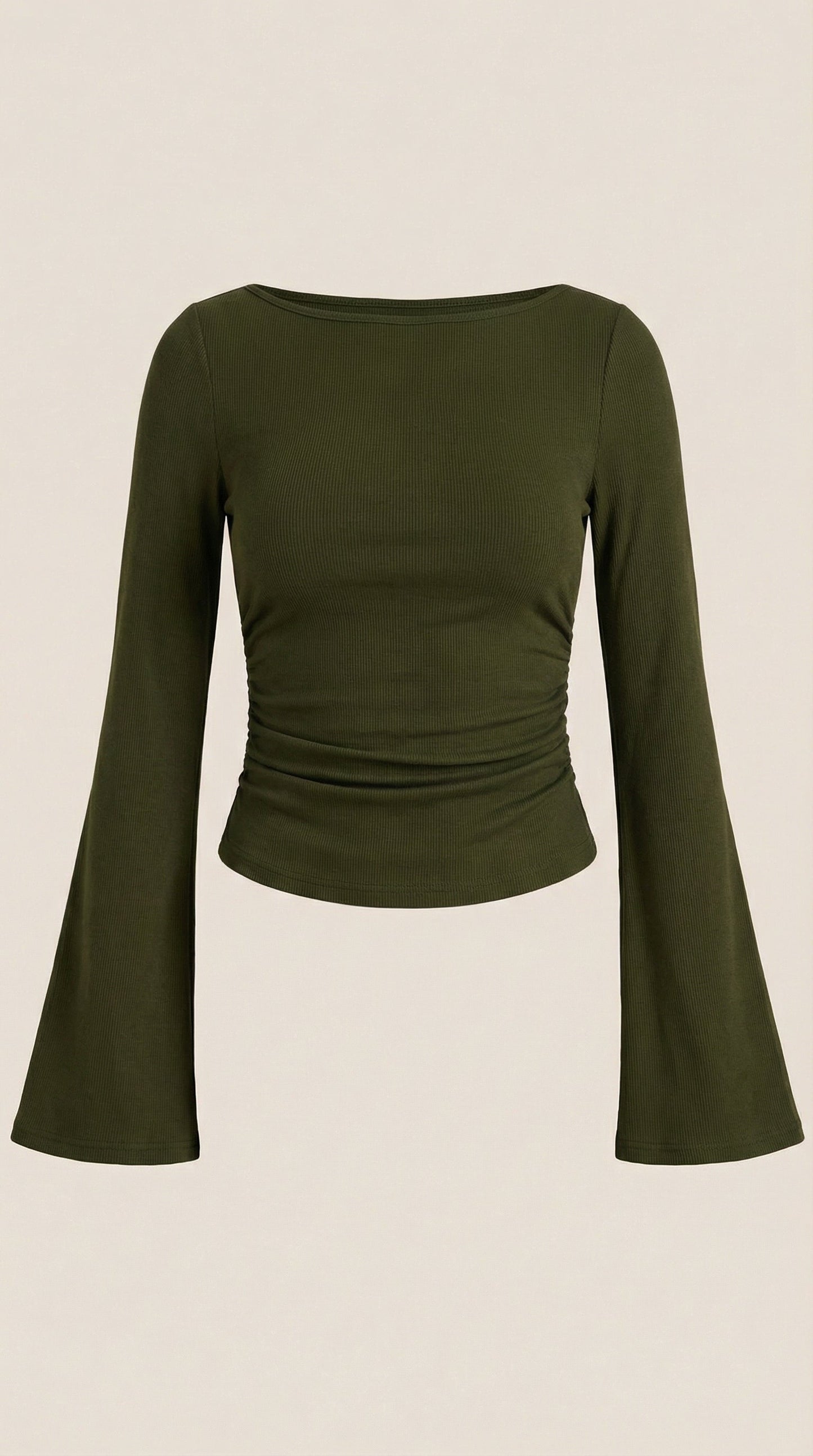 Women's Long Sleeve Top with Flared Balloon Sleeves and Boat Neckline