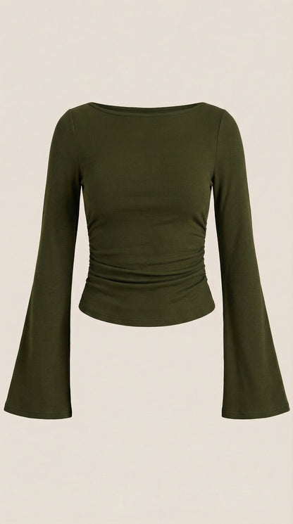 Women's Long Sleeve Top with Flared Balloon Sleeves and Boat Neckline