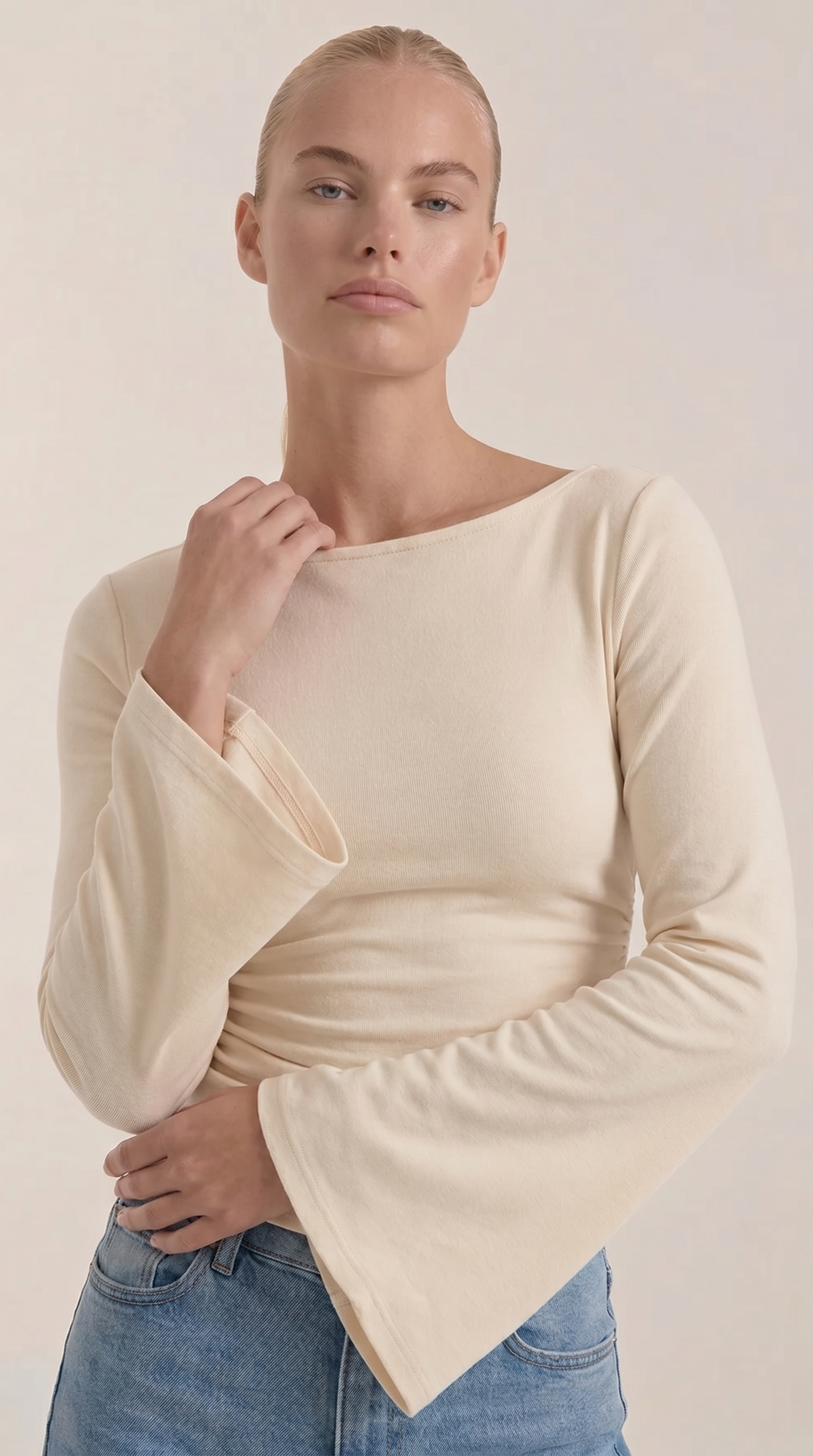 Women's Long Sleeve Top with Flared Balloon Sleeves and Boat Neckline