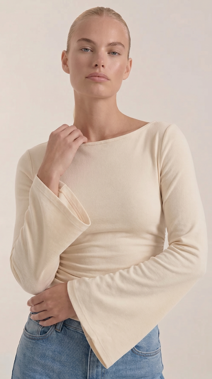 Women's Long Sleeve Top with Flared Balloon Sleeves and Boat Neckline