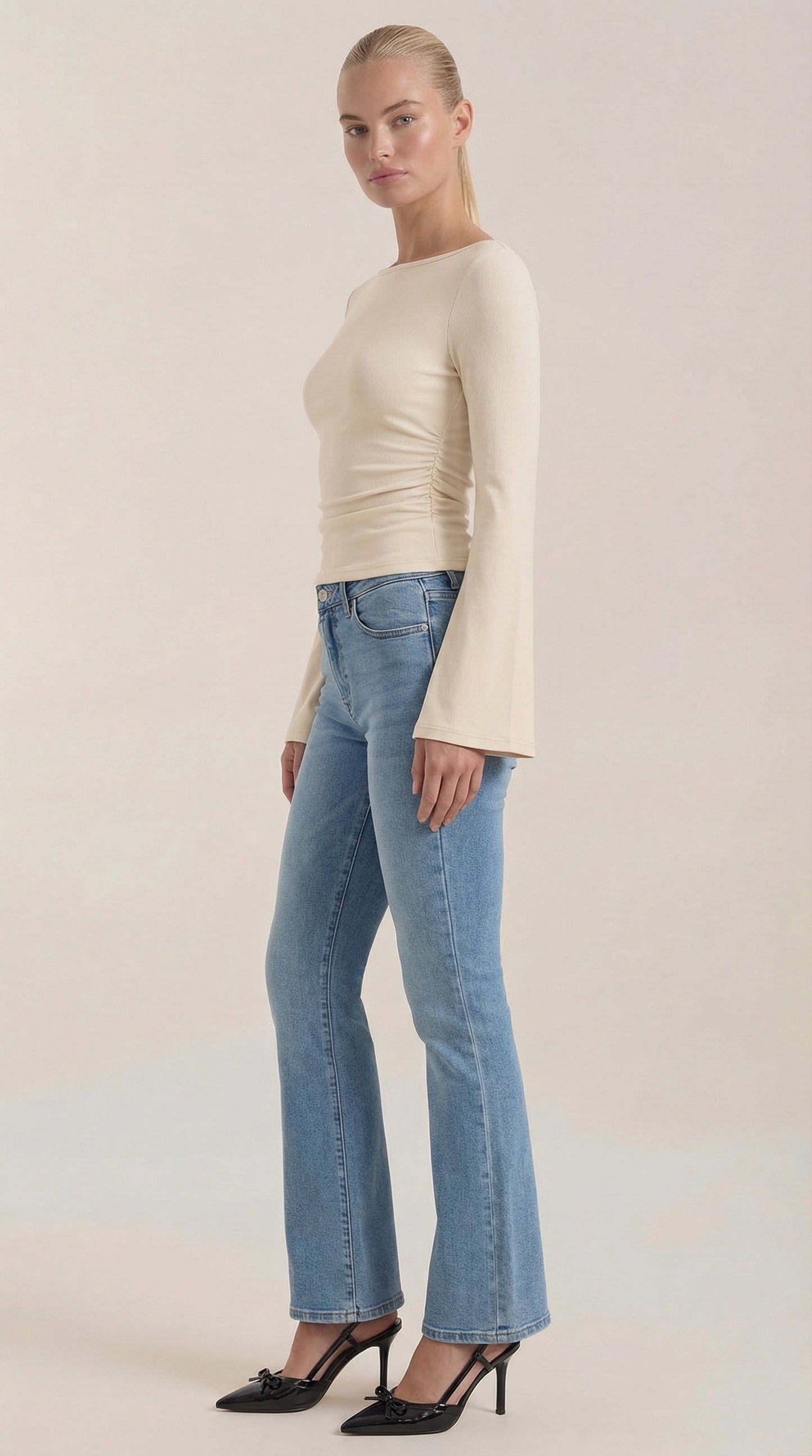 Women's Long Sleeve Top with Flared Balloon Sleeves and Boat Neckline