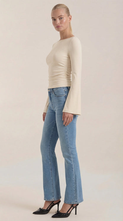Women's Long Sleeve Top with Flared Balloon Sleeves and Boat Neckline