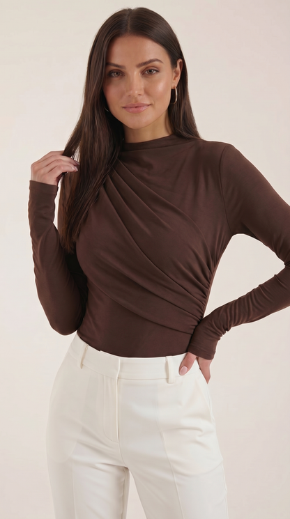 Women's Long Sleeve Top with Slim Mock Neck and Side Drape Detail