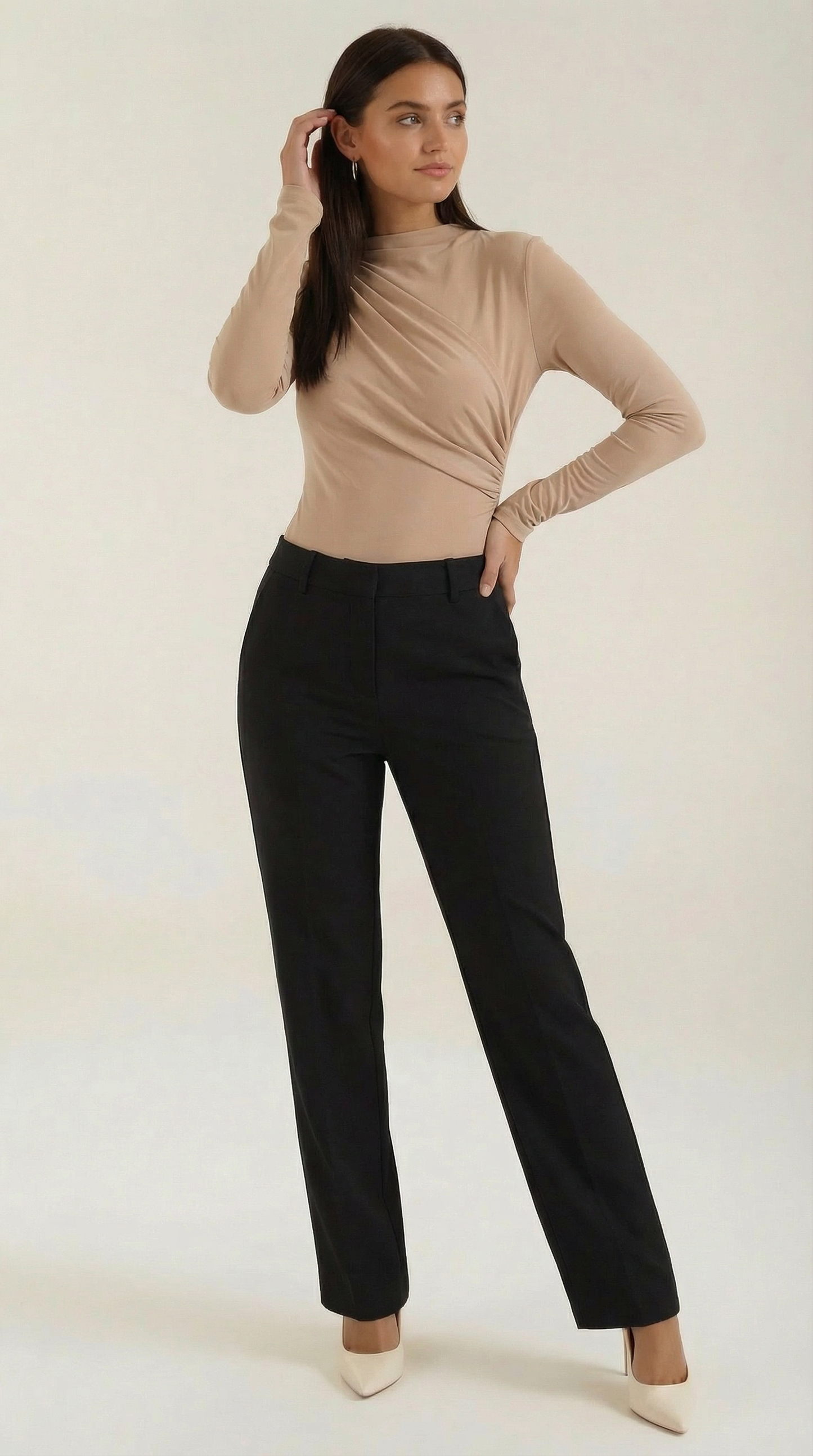 Women's Long Sleeve Top with Slim Mock Neck and Side Drape Detail