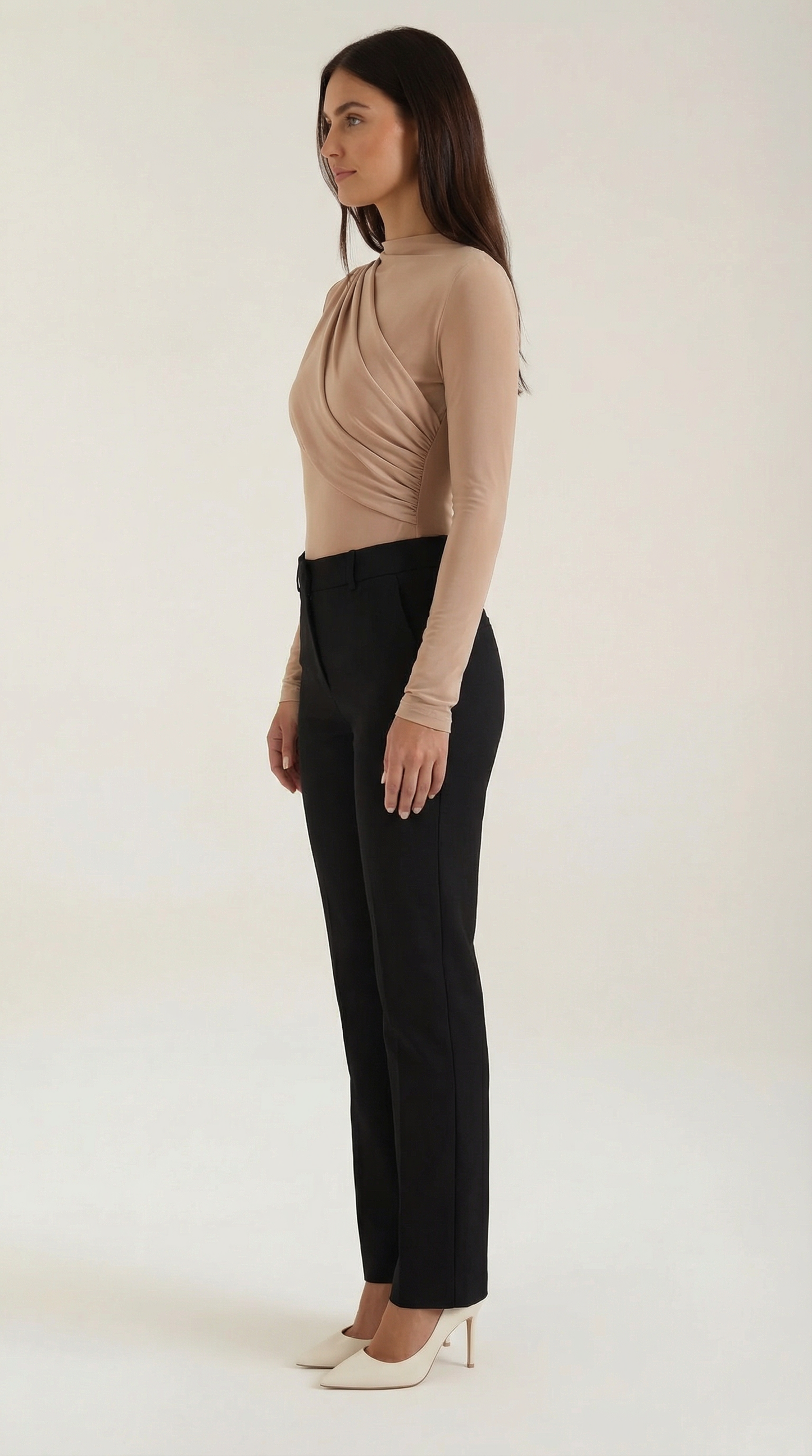 Women's Long Sleeve Top with Slim Mock Neck and Side Drape Detail