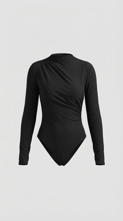 Women's Long Sleeve Top with Slim Mock Neck and Side Drape Detail