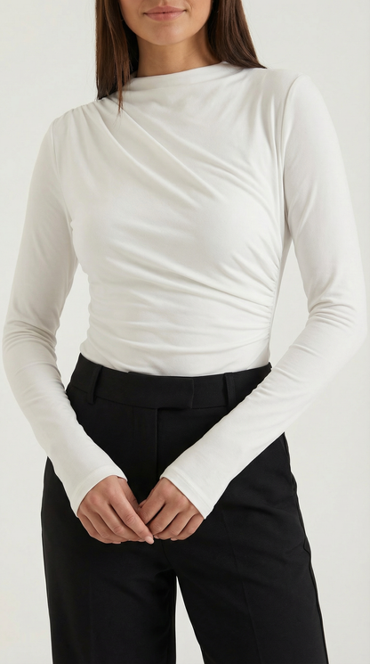 Women's Long Sleeve Top with Slim Mock Neck and Side Drape Detail
