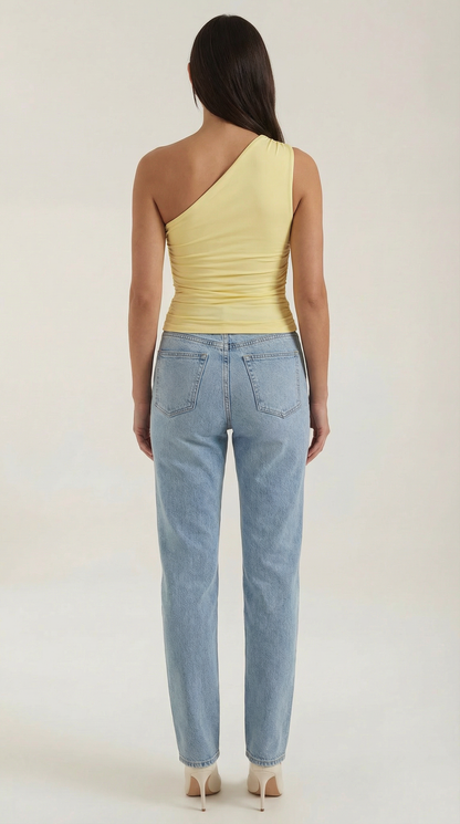 Women's Sleeveless One-Shoulder Top with Side Ruching and Fitted Cut