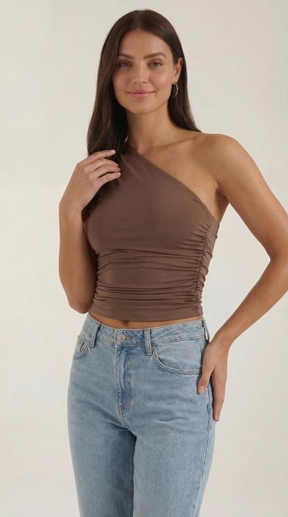 Women's Sleeveless One-Shoulder Top with Side Ruching and Fitted Cut