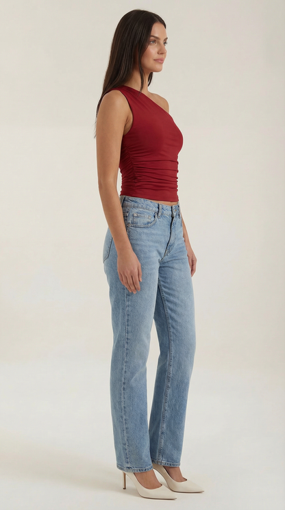 Women's Sleeveless One-Shoulder Top with Side Ruching and Fitted Cut
