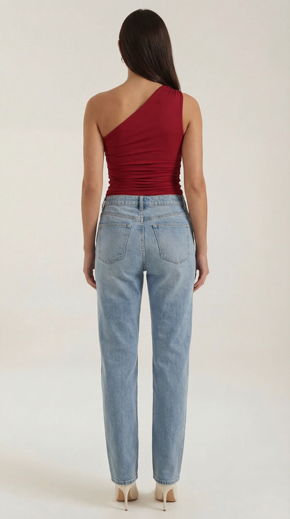 Women's Sleeveless One-Shoulder Top with Side Ruching and Fitted Cut