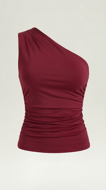 Women's Sleeveless One-Shoulder Top with Side Ruching and Fitted Cut