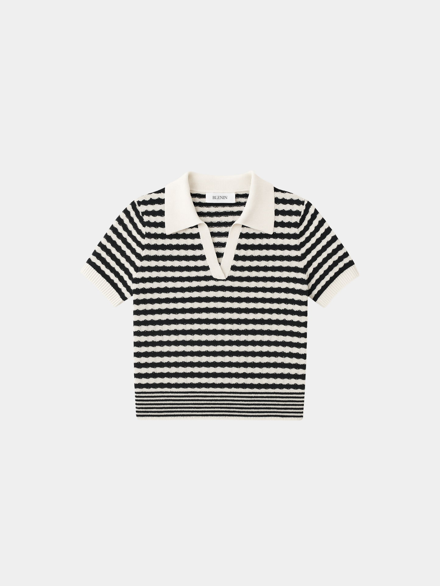 Women's Soft Textured Striped Cotton Polo T-Shirt with Collar and V-Neckline