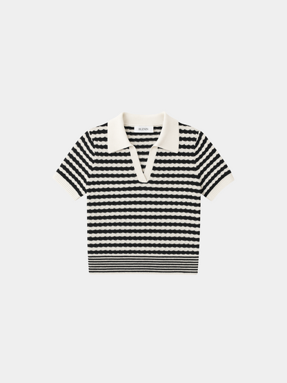 Women's Soft Textured Striped Cotton Polo T-Shirt with Collar and V-Neckline