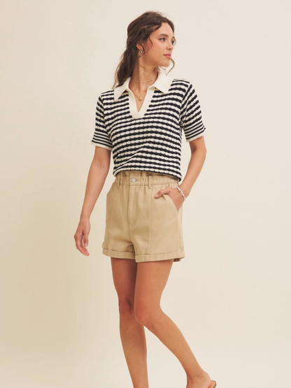 Women's Soft Textured Striped Cotton Polo T-Shirt with Collar and V-Neckline