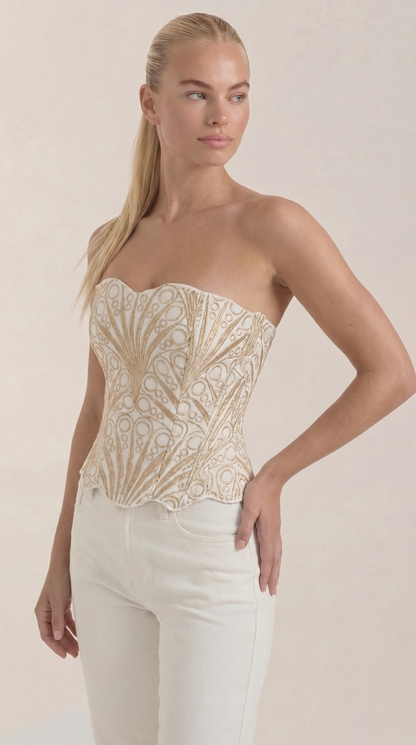 Women's Strapless Lace Corset Top with Heart Neckline and Structured Bodice