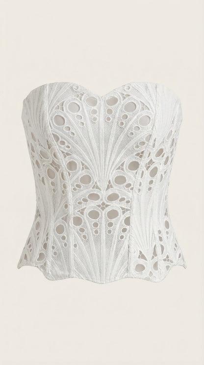 Women's Strapless Lace Corset Top with Heart Neckline and Structured Bodice