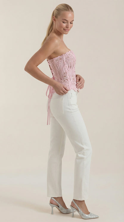 Women's Strapless Lace Corset Top with Heart Neckline and Structured Bodice