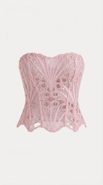 Women's Strapless Lace Corset Top with Heart Neckline and Structured Bodice