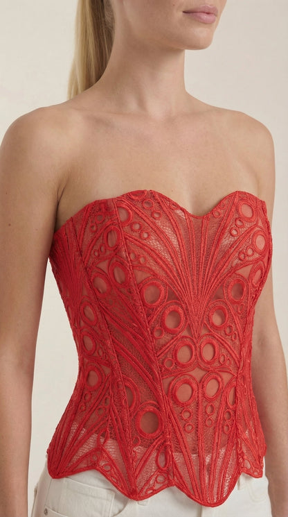 Women's Strapless Lace Corset Top with Heart Neckline and Structured Bodice