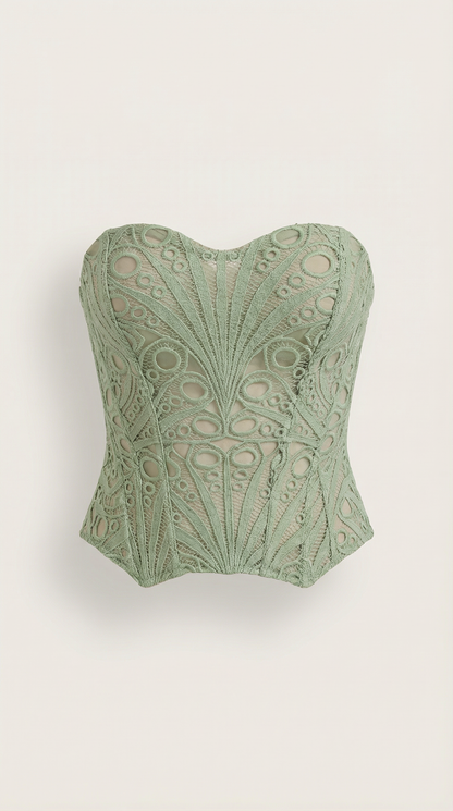 Women's Strapless Lace Corset Top with Heart Neckline and Structured Bodice