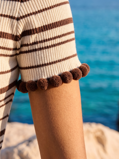 Women's Stripe Knit Top with Pom-Pom Trim at Neckline Cuffs and Hem
