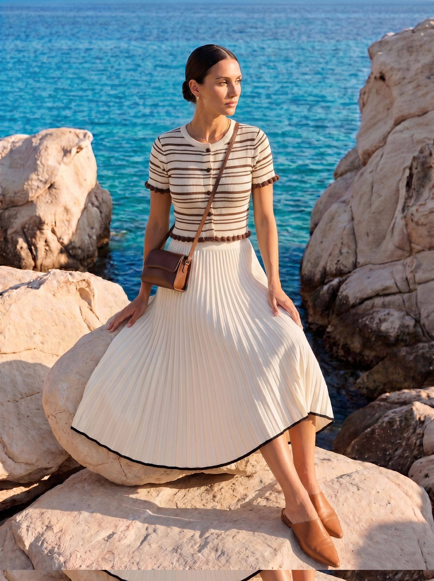 Women's Stripe Knit Top with Pom-Pom Trim at Neckline Cuffs and Hem