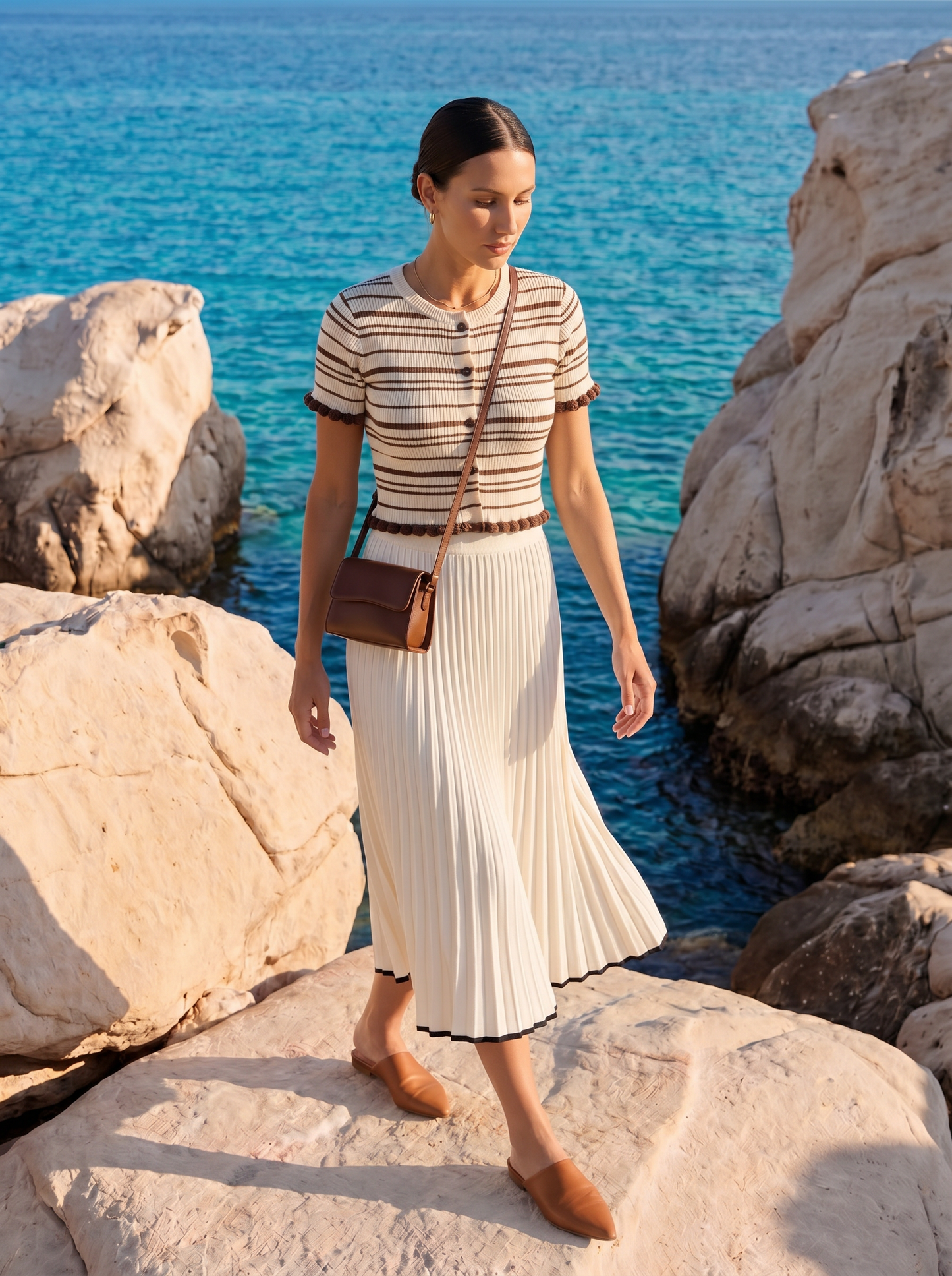 Women's Stripe Knit Top with Pom-Pom Trim at Neckline Cuffs and Hem