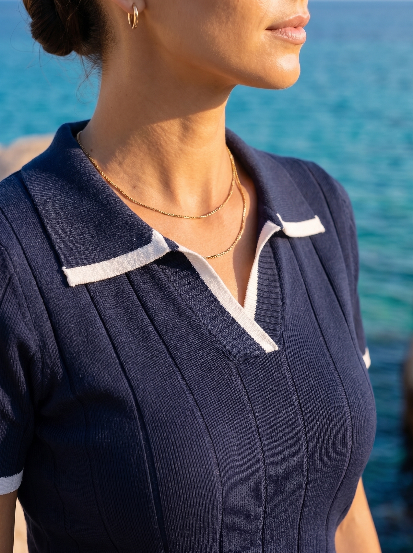 Women's Summer Ribbed Knit Polo Top with V-Collar and Contrast Trim
