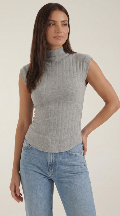 Women's Turtleneck Top in Ribbed Knit with Short Sleeve and Fitted Silhouette