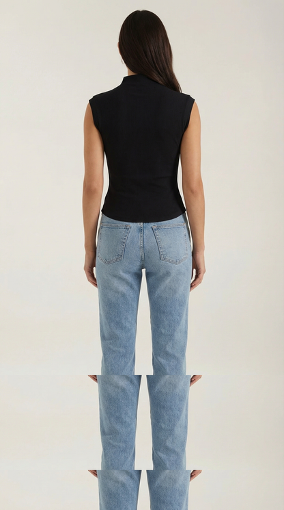 Women's Turtleneck Top in Ribbed Knit with Short Sleeve and Fitted Silhouette