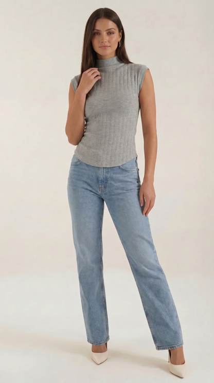 Women's Turtleneck Top in Ribbed Knit with Short Sleeve and Fitted Silhouette