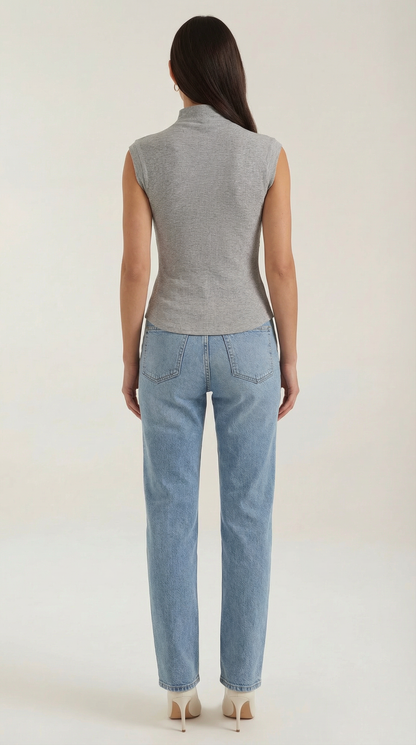 Women's Turtleneck Top in Ribbed Knit with Short Sleeve and Fitted Silhouette